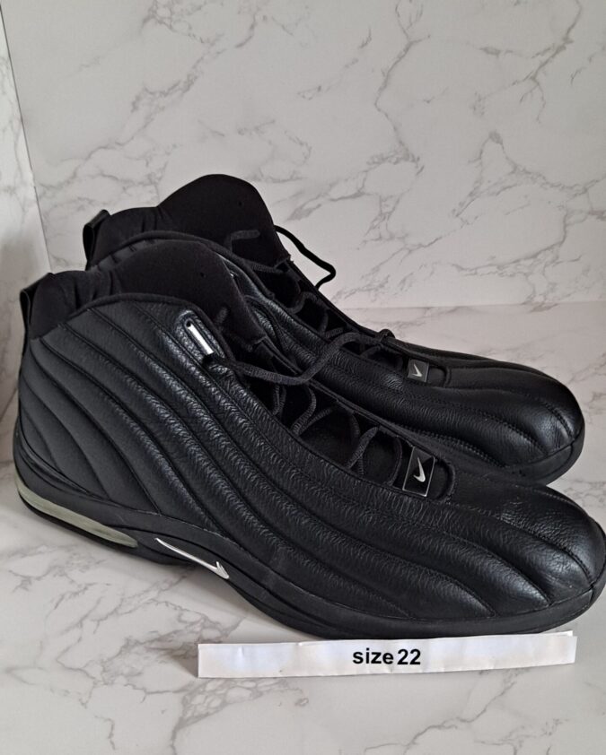 Black athletic sneakers labeled size 22